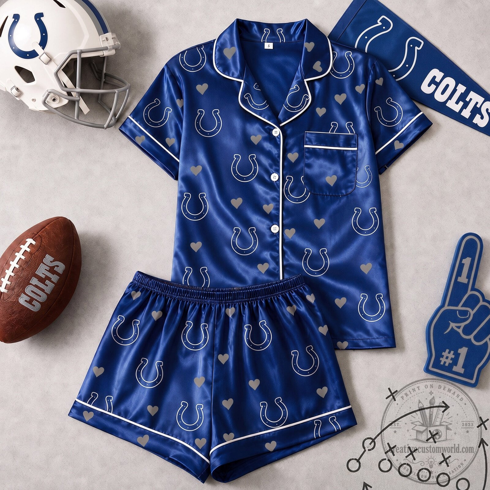 Indianapolis Colts Women's Blue Horseshoe Heart Print Satin Pajamas Set