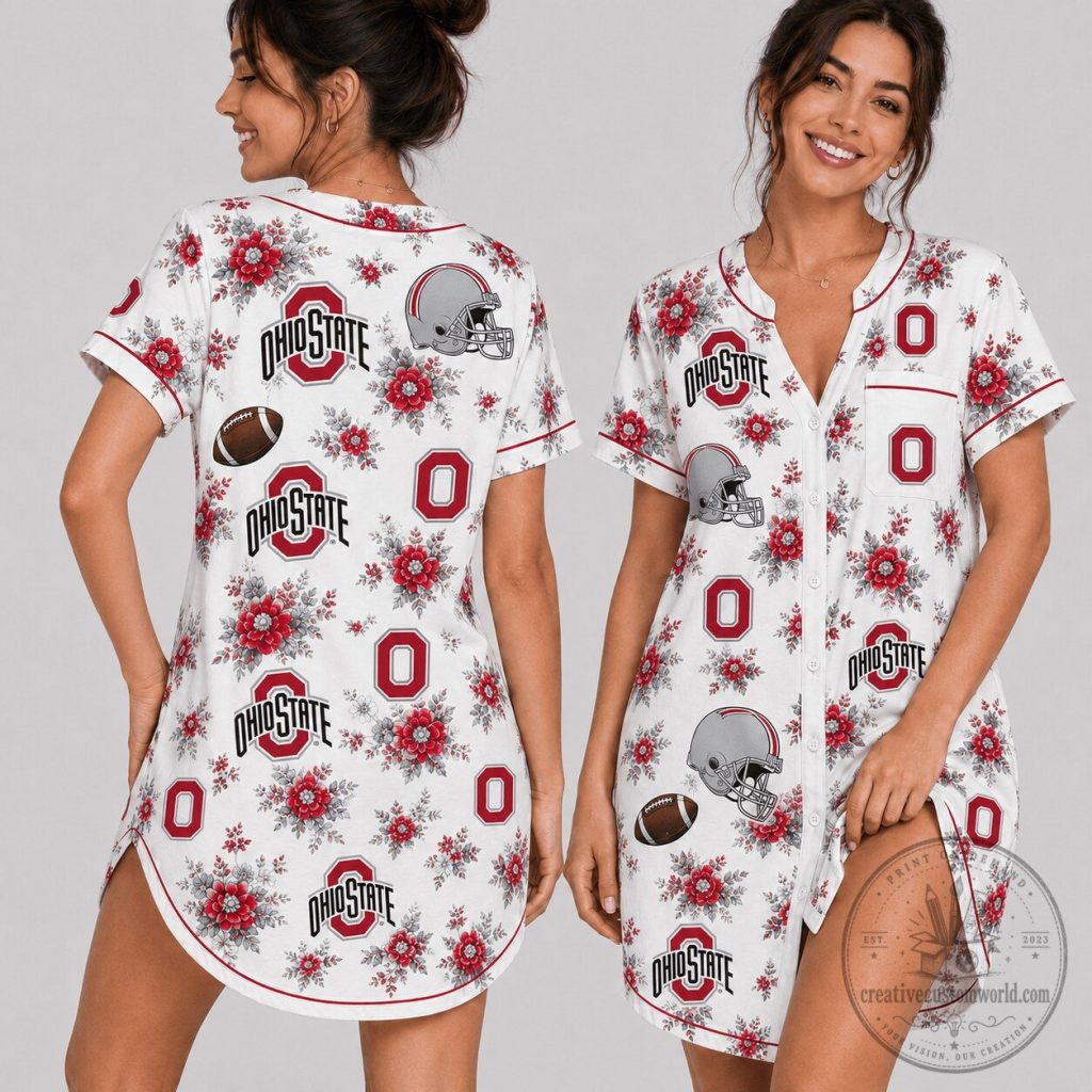 Ohio State Buckeyes Football Floral Pattern Women's Short Sleeve Nightgown Ohio State Buckeyes Football Floral Pattern Women's Short Sleeve Nightgown