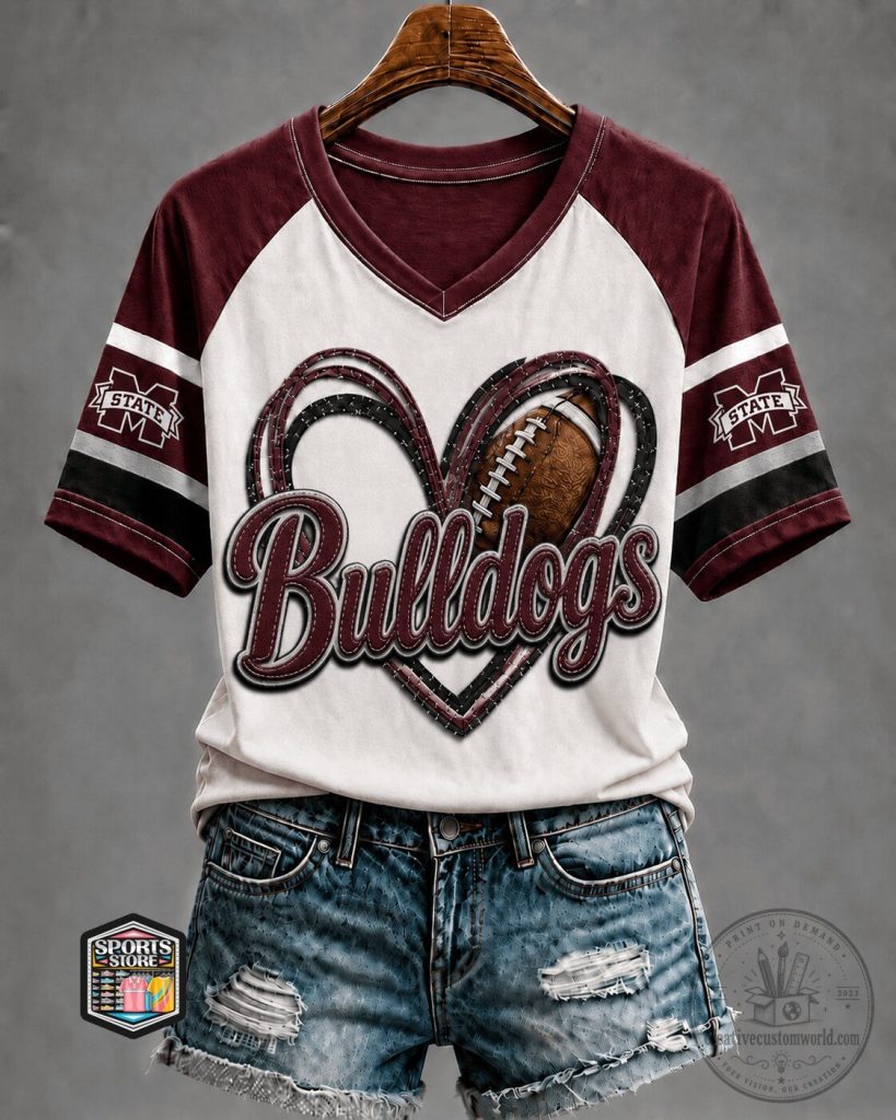 Mississippi State Bulldogs Football Heart Design Women's V-Neck T-Shirt 25 Mississippi State Bulldogs Football Heart Design Women's V-Neck T-Shirt