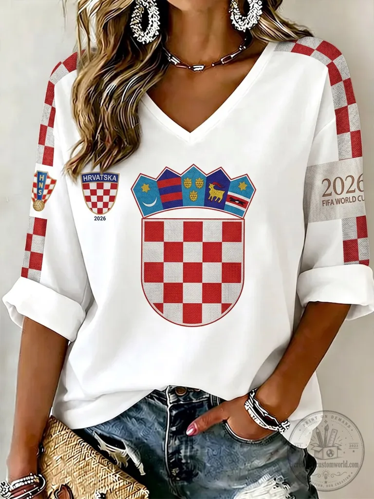 Croatia National Football Team Fan Style V-Neck Casual T-Shirt 8 Croatia National Football Team Fan Style V-Neck Casual T-Shirt