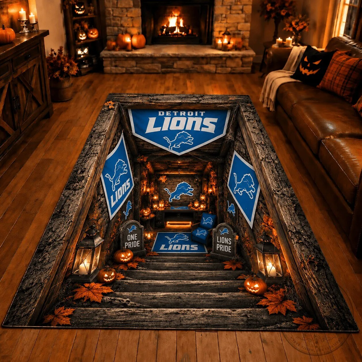 Detroit Lions NFL Football Team Fan Cave 3D Illusion Halloween Area Rug