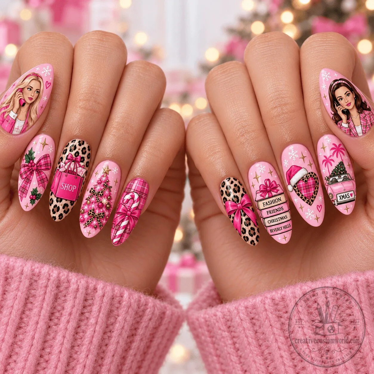 Clueless Christmas Pink Plaid Leopard Print Press On Nails Set