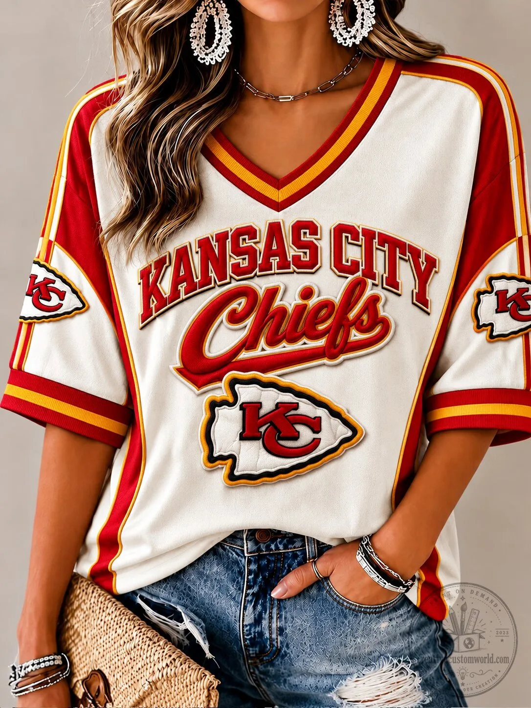 Kansas City Chiefs Women's Red Striped V-Neck Football Jersey