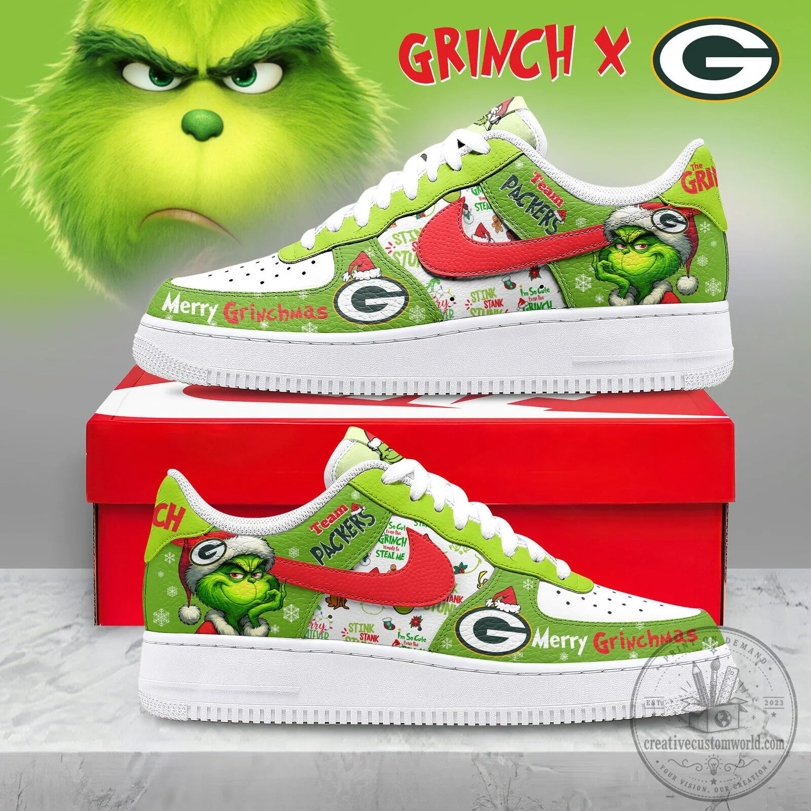 Green Bay Packers Grinch Christmas Custom Painted Nike Air Force 1 Shoes