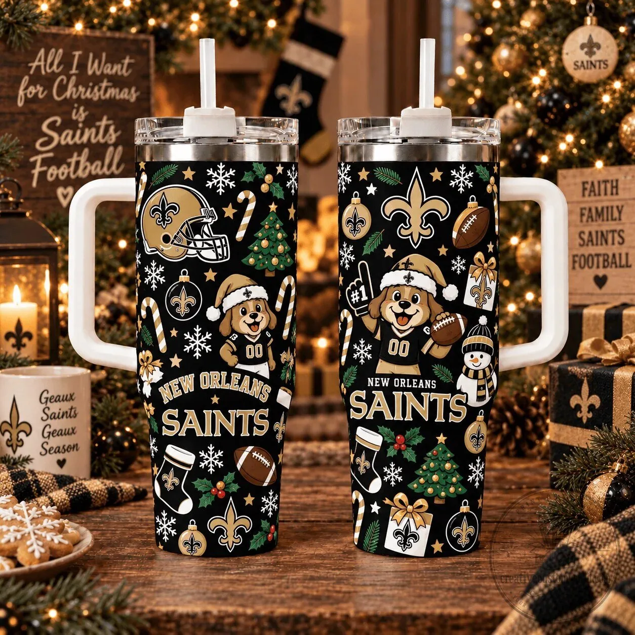 New Orleans Saints Christmas Pattern Football Team Insulated Tumbler with Handle