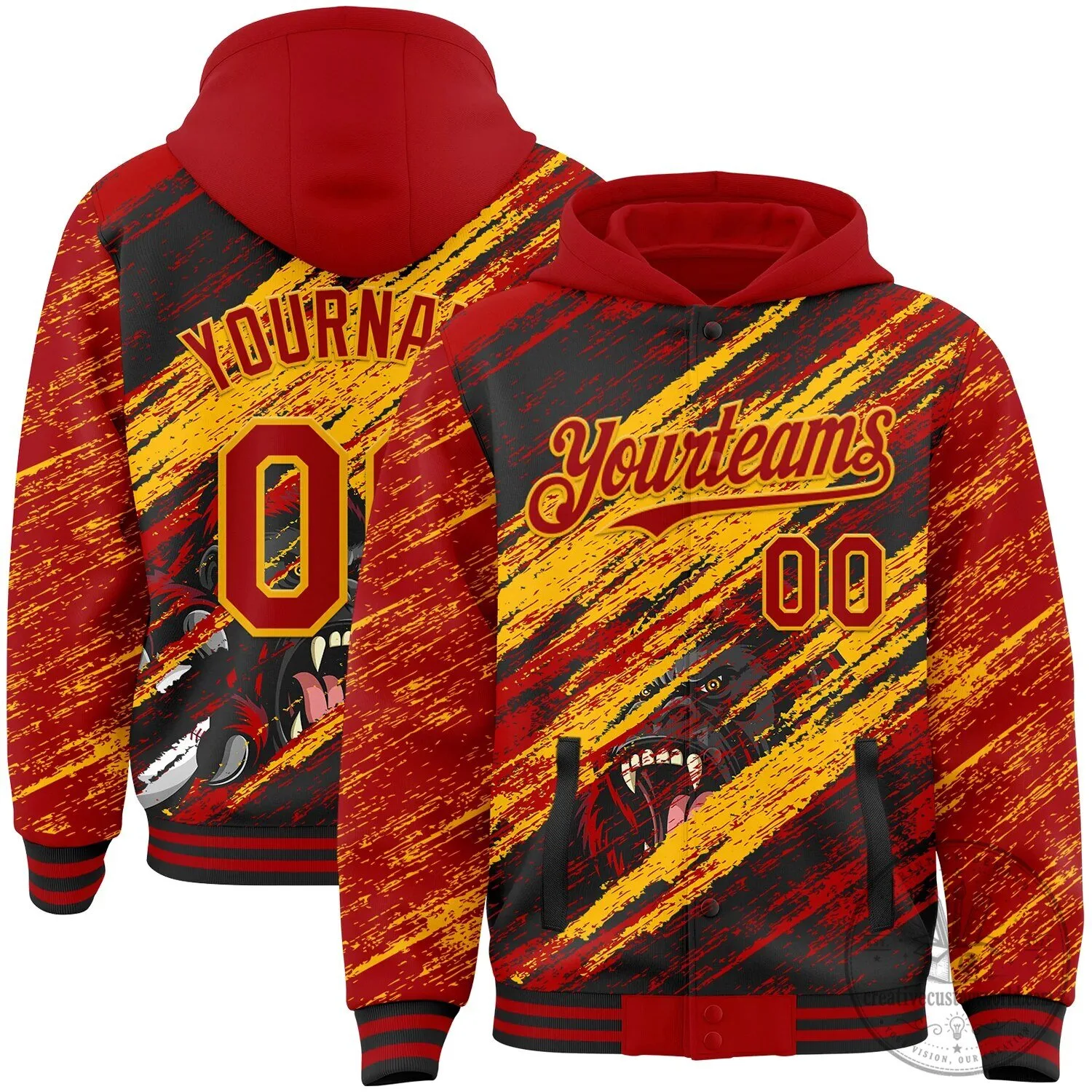 Custom Red Black Gold Gorilla Scratch Brush Stroke Full-Snap Varsity Hoodie Jacket