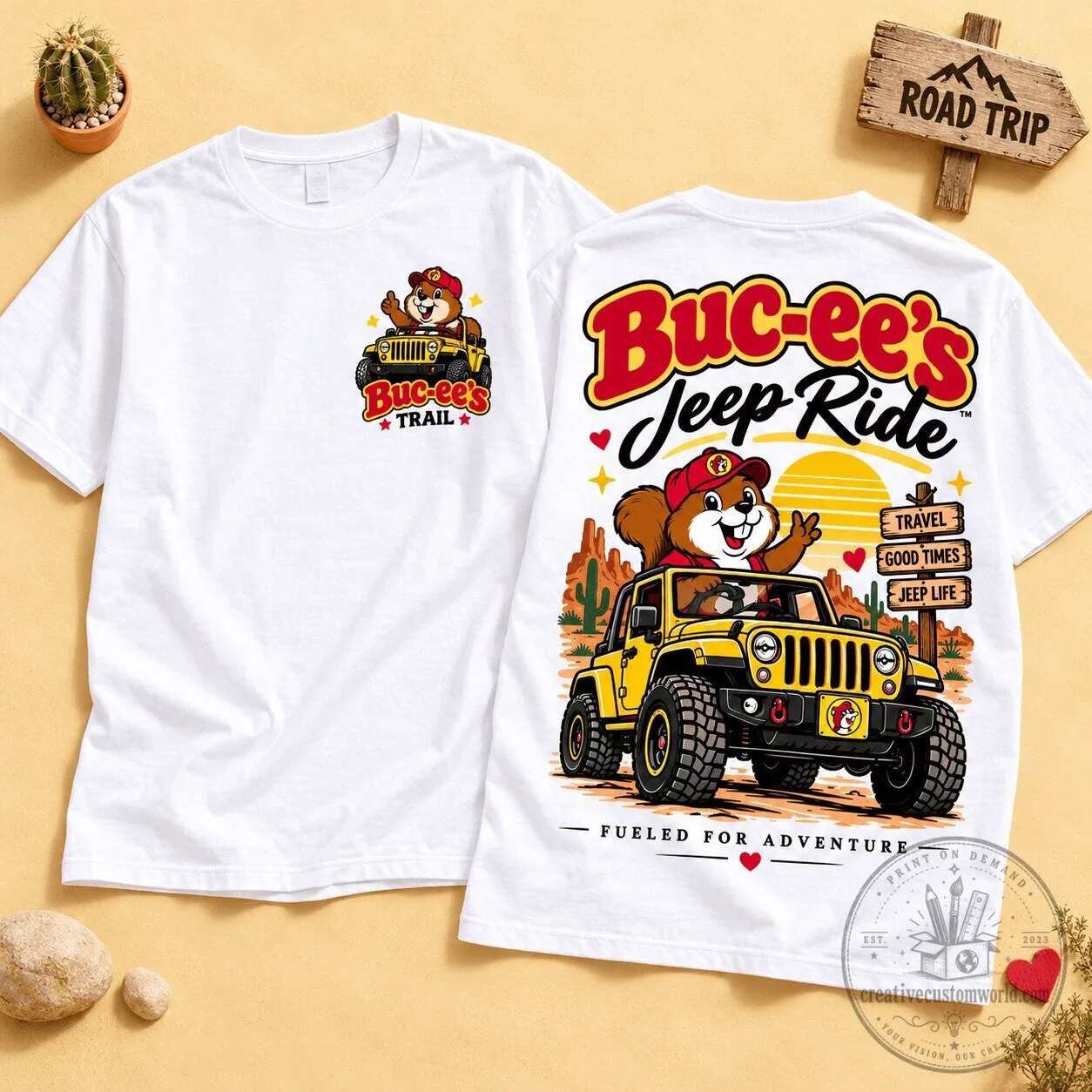 Buc-ee's Jeep Ride Yellow Vehicle Graphic T-Shirt for Everyday Adventure