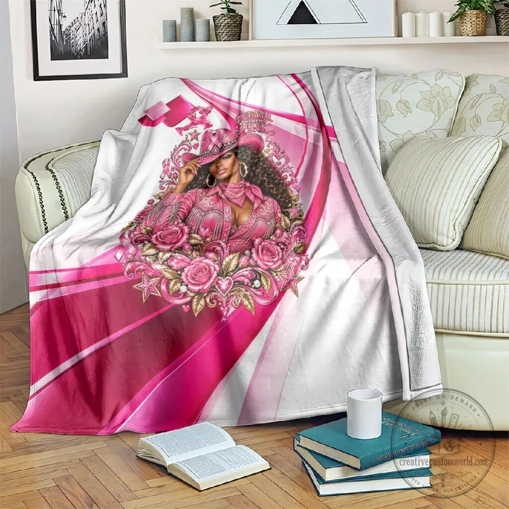 Western Wear Black Cowgirl Breast Cancer Awareness Pink Ribbon Blanket