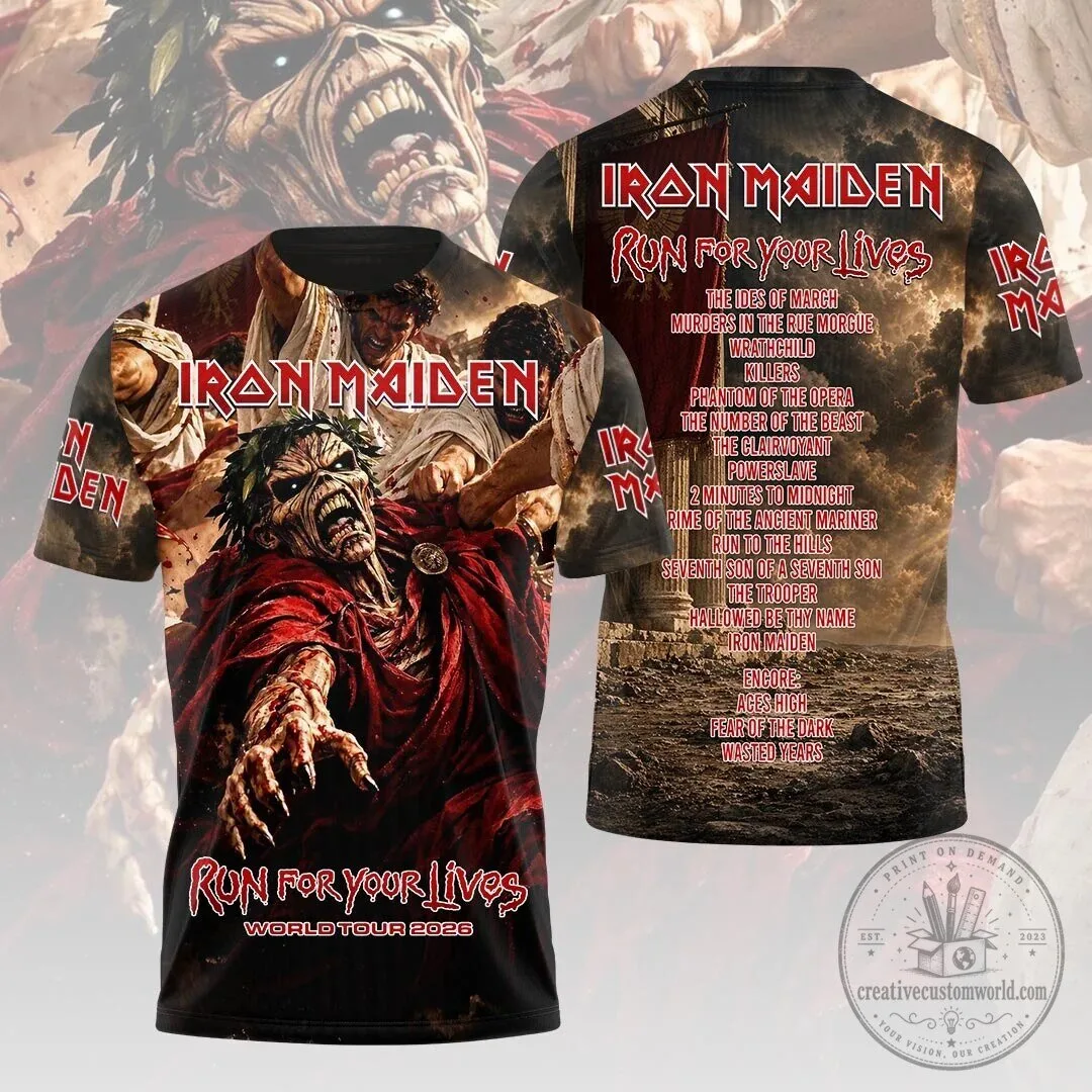 Iron Maiden 2026 World Tour Graphic Tee - Run For Your Lives Design 3 Iron Maiden 2026 World Tour Graphic Tee - Run For Your Lives Design
